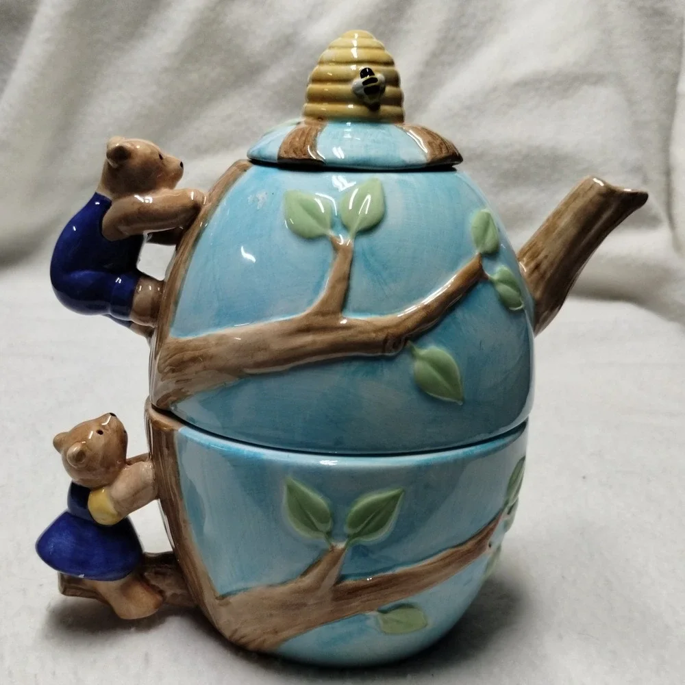 Vintage Bear Treehouse Teapot Teacup Set‎ Ceramic Blue Woodland Cottage